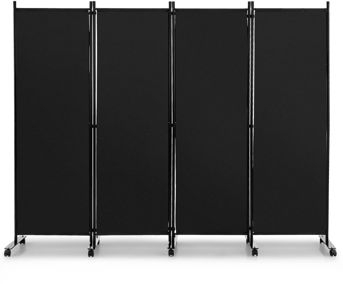 Costway 225 x 173 cm Ruimteverdeler op Wieltjes 4-Delig Scheidingswand Opvouwbaar Inkijkbescherming (Zwart)