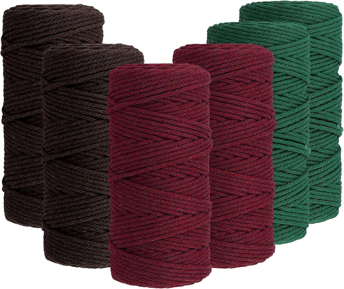 Macramégaren, 6 stuks, 3 mm x 100 m, rood/koffie/groen katoenen koord, macramé, katoenen koord, voor doe-het-zelf wandbehang, dromenvanger, bloemenhanger, boho-decoratie