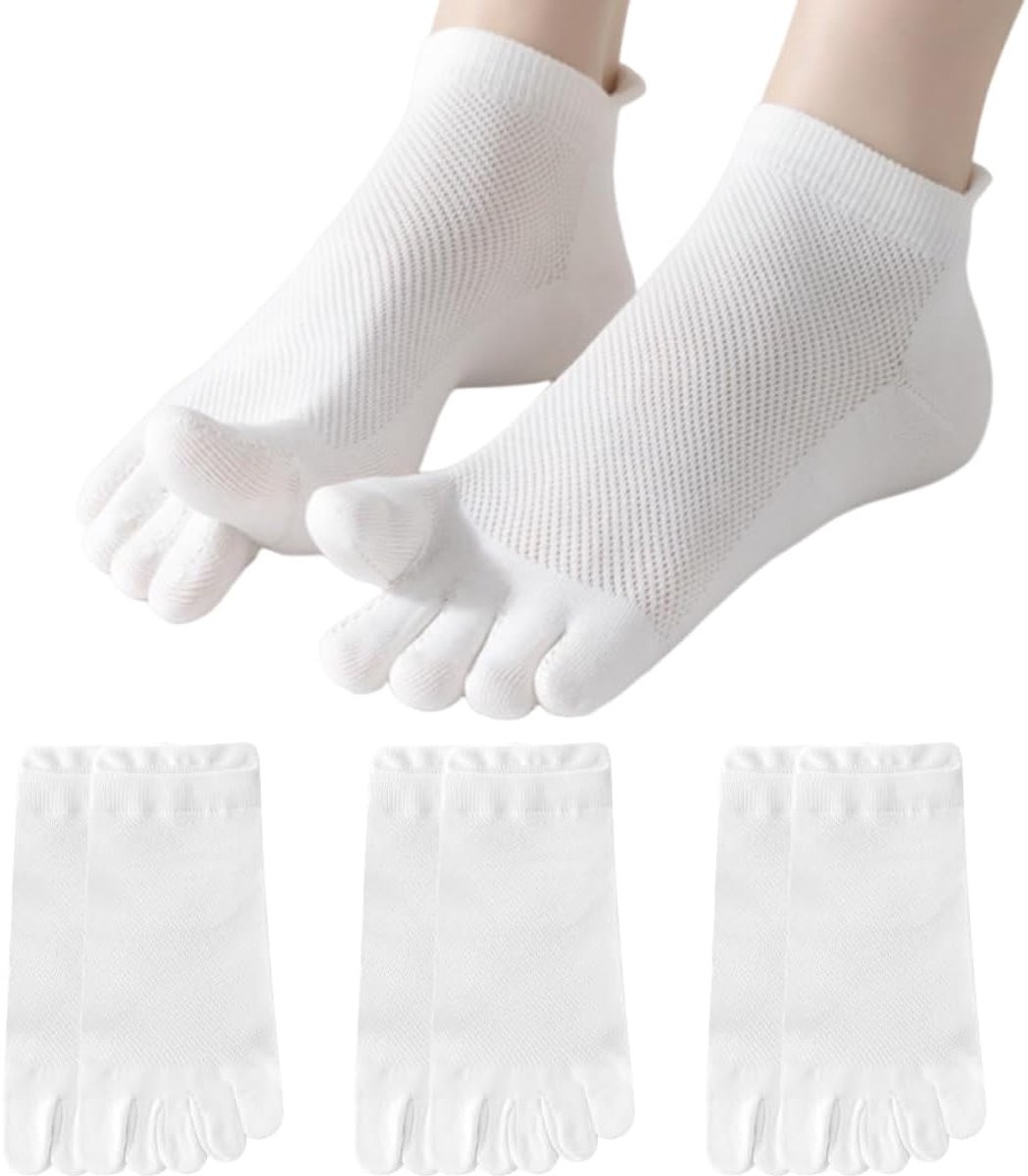 Sokken voor dames, 3 paar, uniseks, vijf teensokken, yogasokken, antislip sokken, sportsokken, ademende netsokken, katoen (wit)