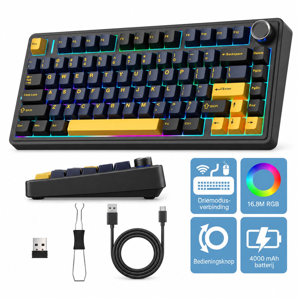 AULA F75 - Draadloze Gaming Toetsenbord - Mechanisch Toetsenborden-QWERTY Toetsenbord Gaming Keyboard -Tri mode- 80 Keys 75%- Gasket - Hot Swap- Donder zwart