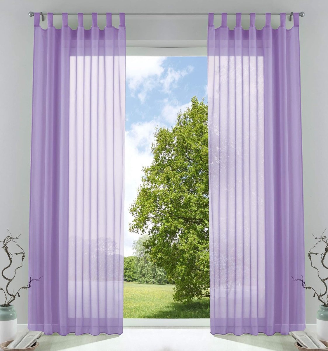 Set van 2 gordijnen, transparant, voor woonkamer, voile, lusgordijn met loodband, H x B 245 x 140 cm, lila, 61000CN