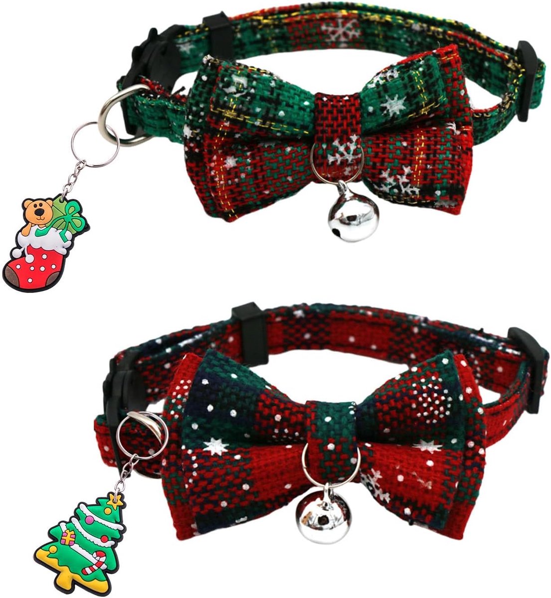 2 stuks kerst-kattenhalsband, strik, hondenhalsband met bel, verstelbare halsband met kerstboom- en kousenhanger voor kitten- en honden (S)