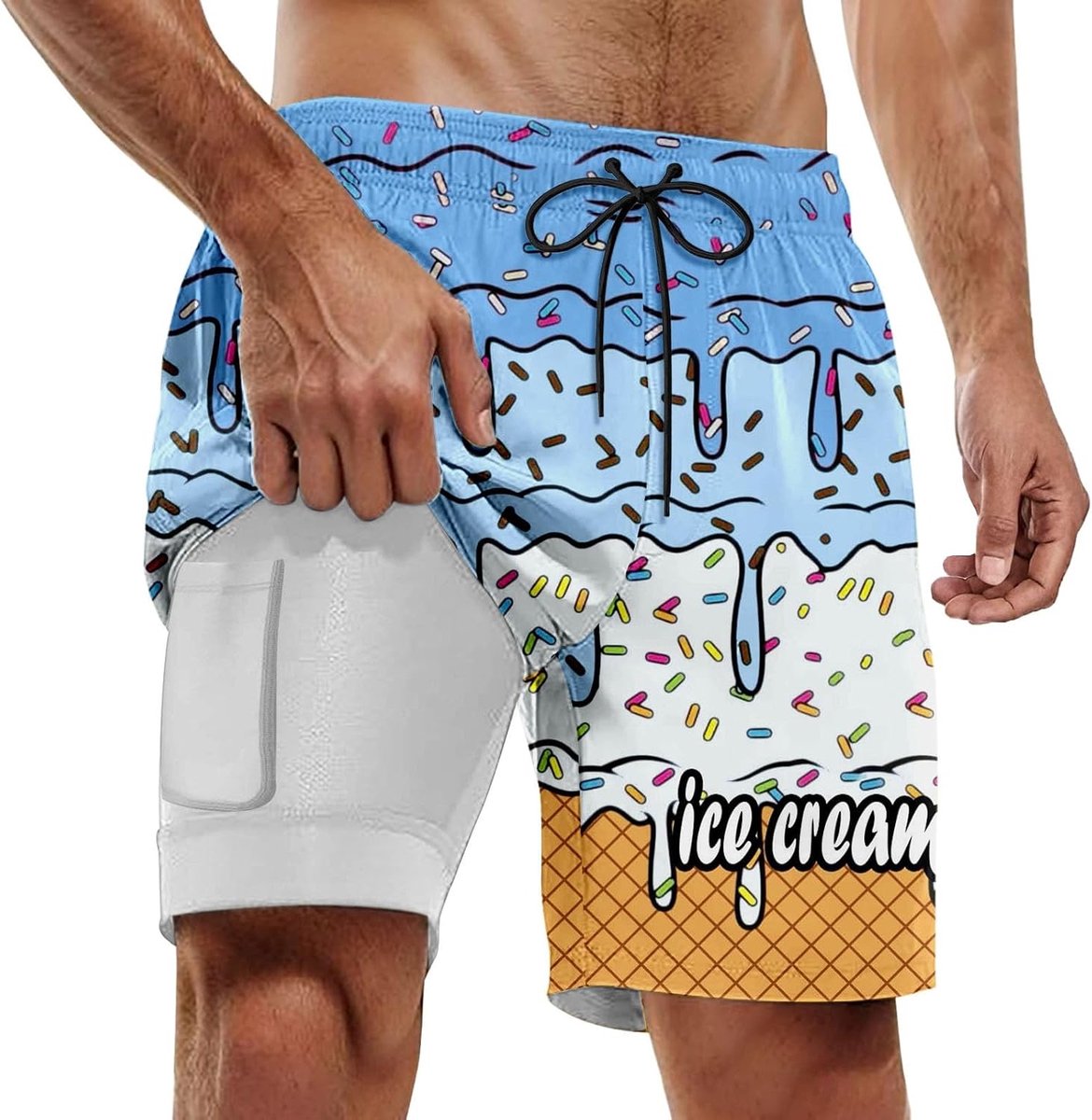 Zwemshorts voor heren voor zomerfeesten aan het zwembad en op het strand. Dubbellaagse zwembroek met smeltende ijsprint, perfect voor dagen op het strand en comfortabel om te dragen.