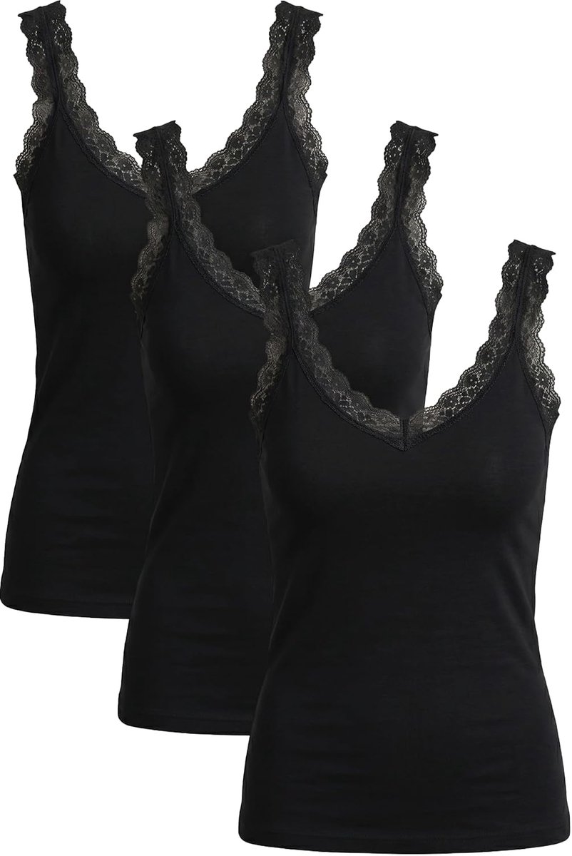 Set van 3 dameshemden met spaghettibandjes met kanten rand, elastische basic onderhemden voor dagelijks gebruik, comfortabel, nauwsluitend, mouwloos onderhemd
