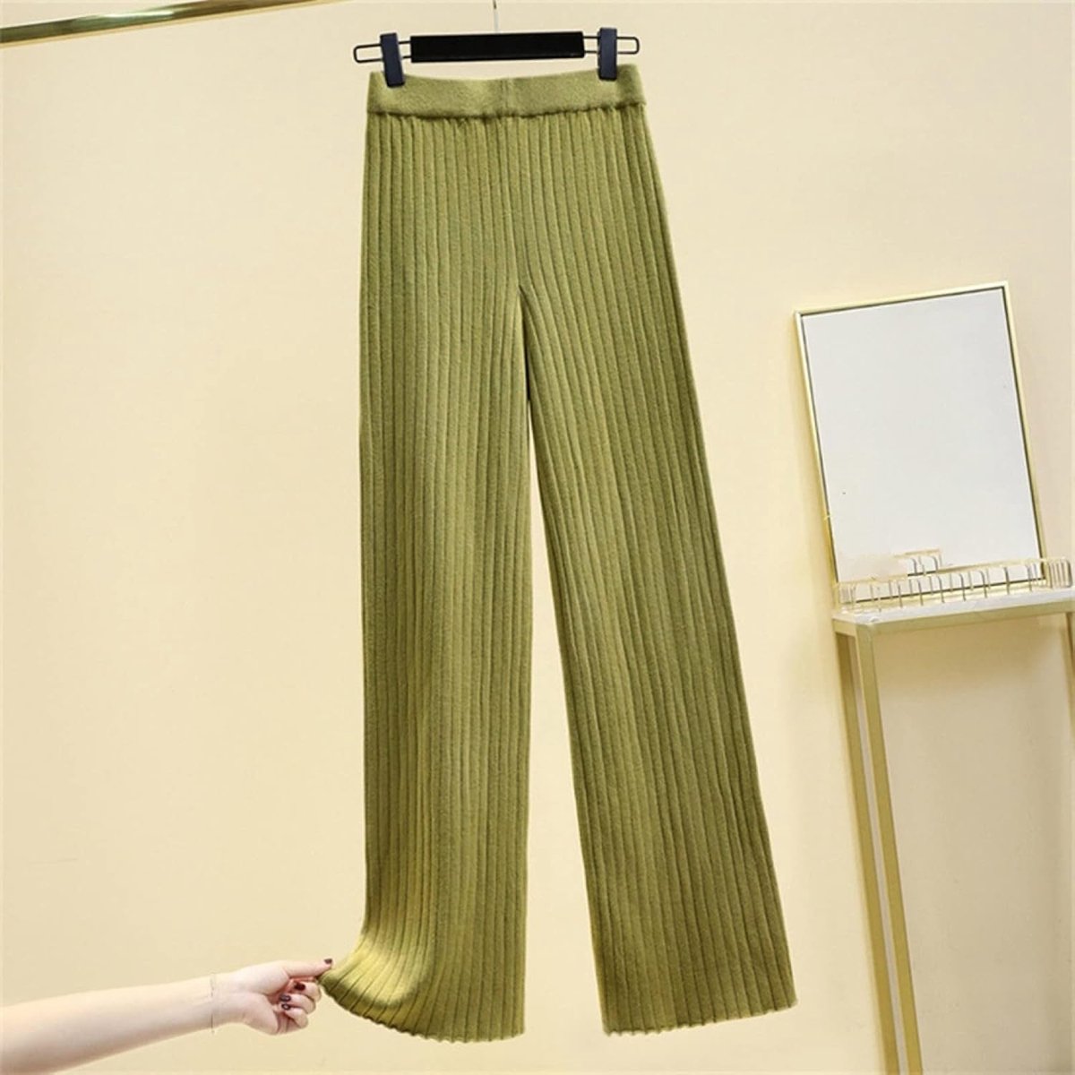 Wijde Pijpen Broek - Winter Dames Rechte Pijpen Broek Verdikt Warm Stretch Modieus Gestreept Gebreid Groen Retro Dweilbroek Met Hoge Taille Losvallend Casual Dames Kerstmis Nieuwjaar Cadeau,G