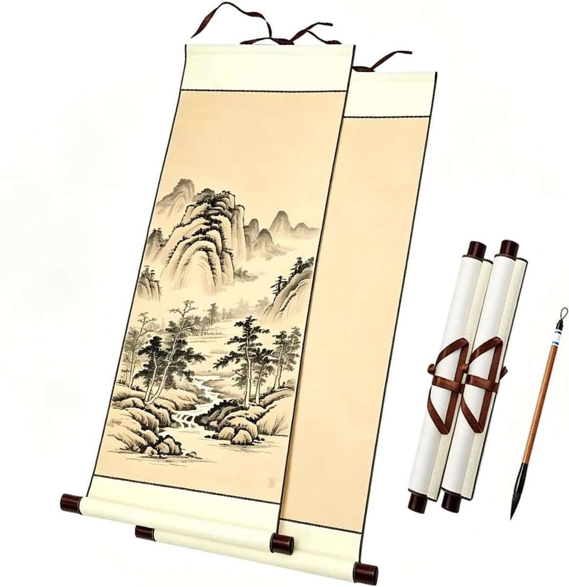Rollen, 2 stuks lege hangrollen, 95 x 32 cm, Chinese kalligrafierollen van rijstpapier, ideaal voor Chinees schilderen en schrijfkunst (1 penseel)