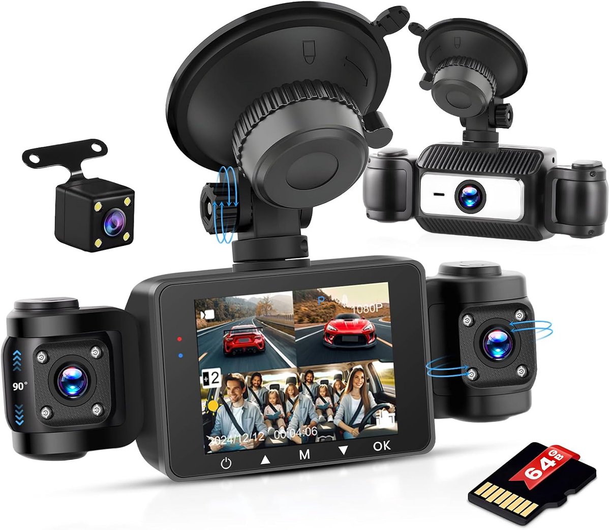 Auto rijden recorder met HD 1080P 3 camera aan de voorkant, SD-kaart 64G, 4-kanaals G-sensor bewegingsdetectie Loop 24 uur rijopname Parkeermodus