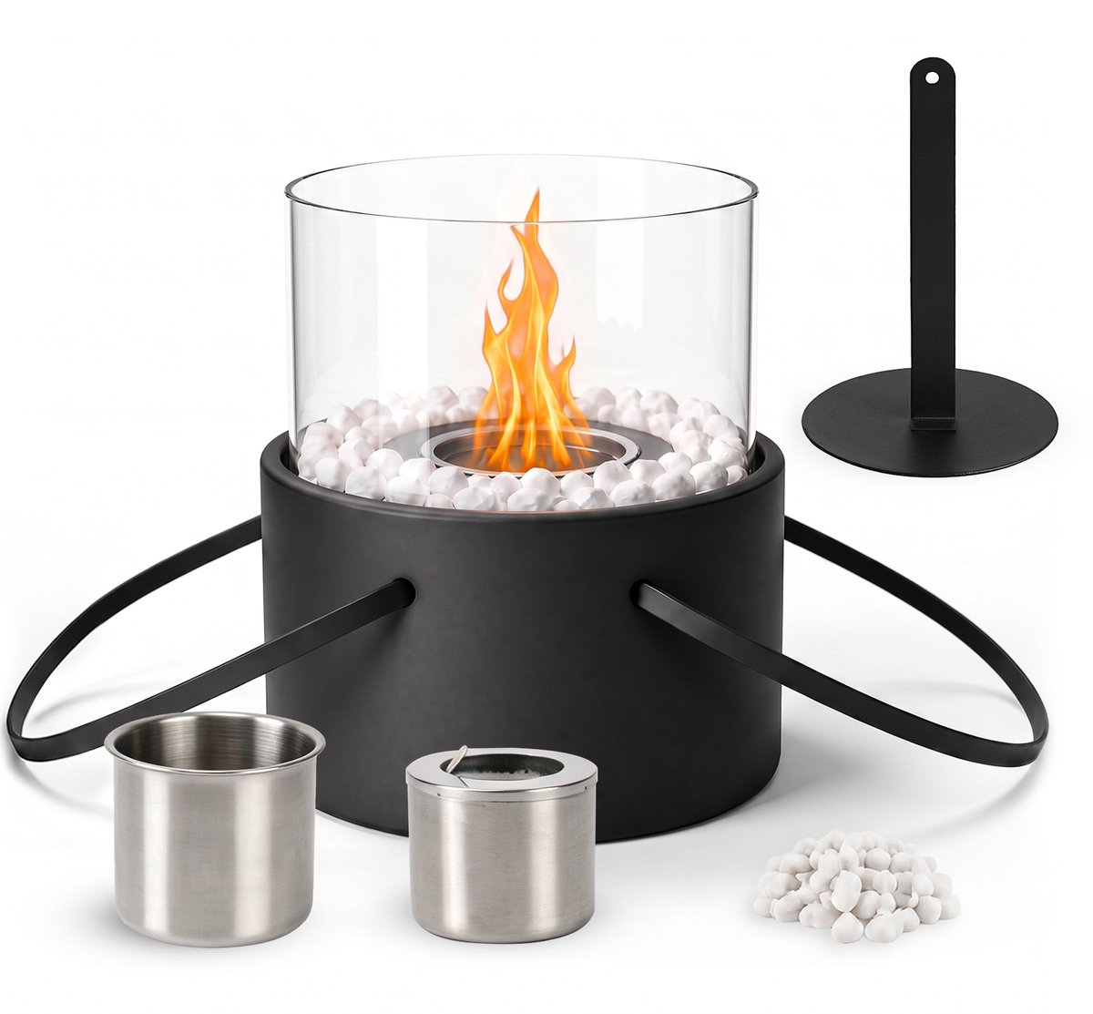 Glitzerlife - Tafelhaard bio ethanol - sfeerhaard buiten - Binnen & Buiten - Metalen Basis met Hittebestendige Glazen Cilinder - 16 x 17,2 cm - Zwart