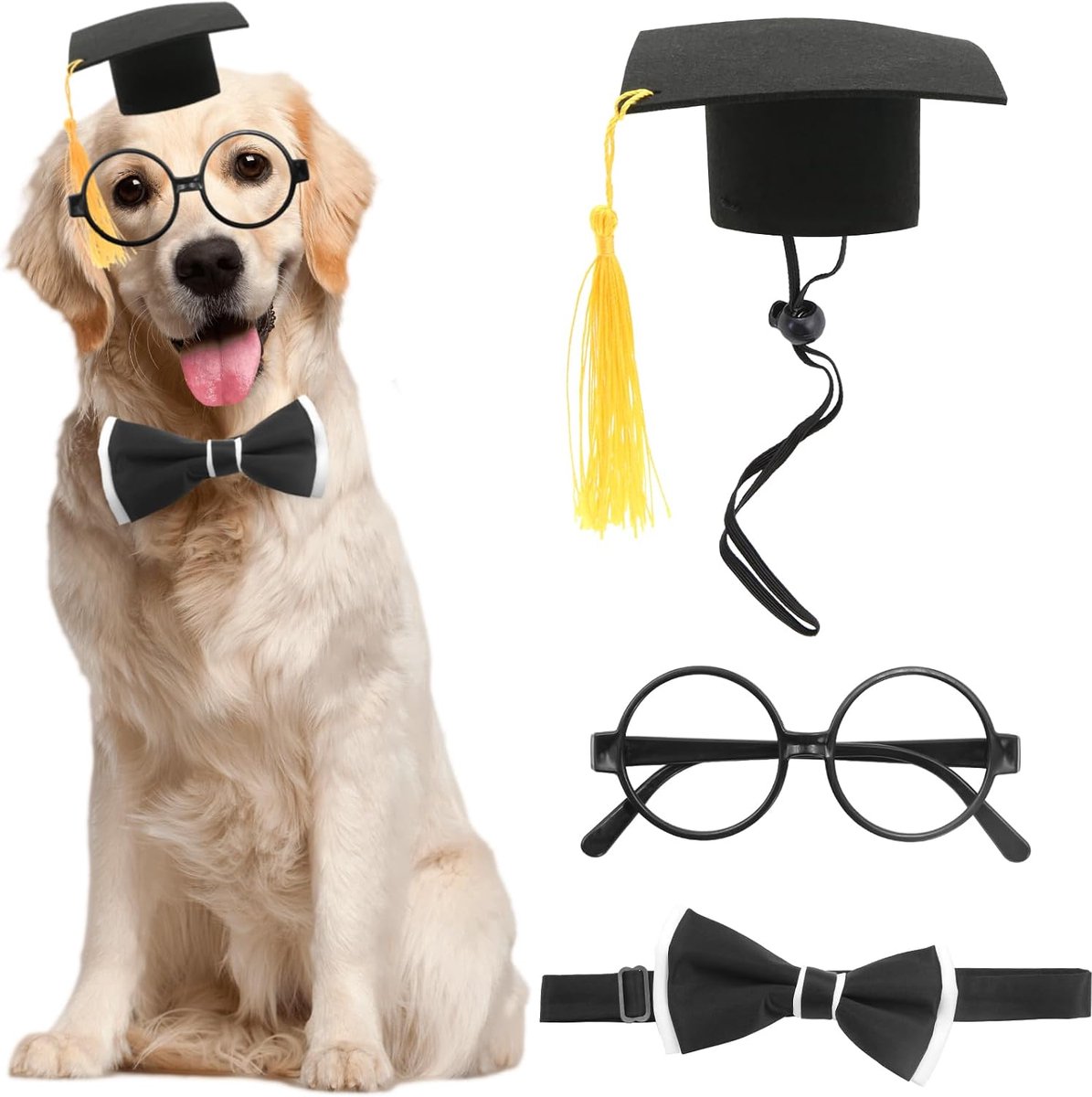 Afstudeerkostuum voor honden, 3-delige outfit voor afstuderen voor huisdieren, inclusief afstudeerhoed met gele kwastje, hondenvlinderdas en ronde lensloze bril voor puppy's en katten,