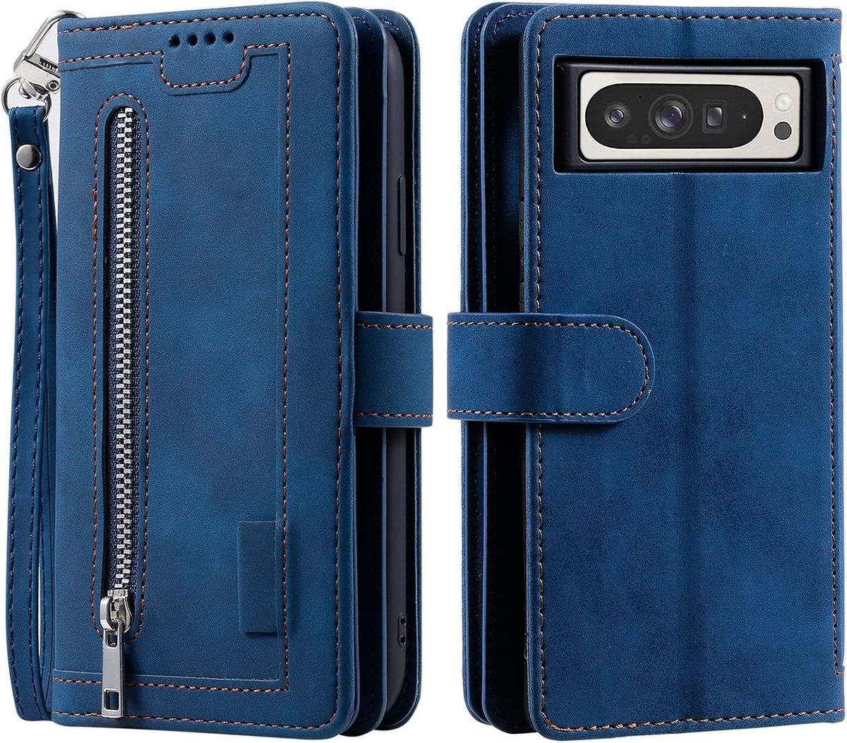 Portemonnee-hoesje voor de Google Pixel 9 Pro XL lederen folio beschermend telefoonhoesje met kickstand, kaartsleuven en ritsvak - blauw