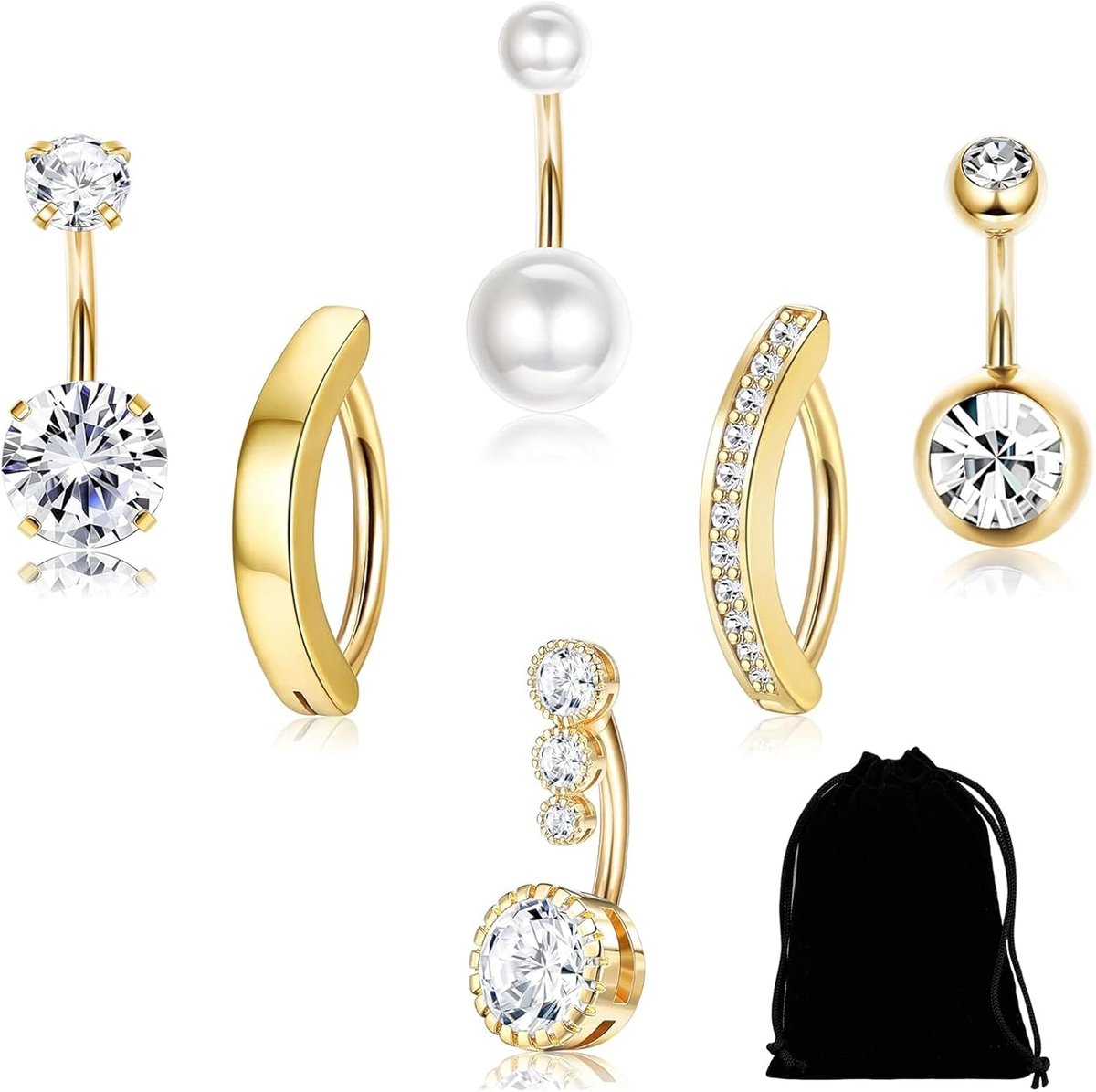 12 mm staaflengte 6 stuks navelpiercing goud chirurgisch staal strass navelpiercing titanium clip cadeau voor vrouwen sieraden 1,6 x 10 x 5 mm, Roestvrij staal