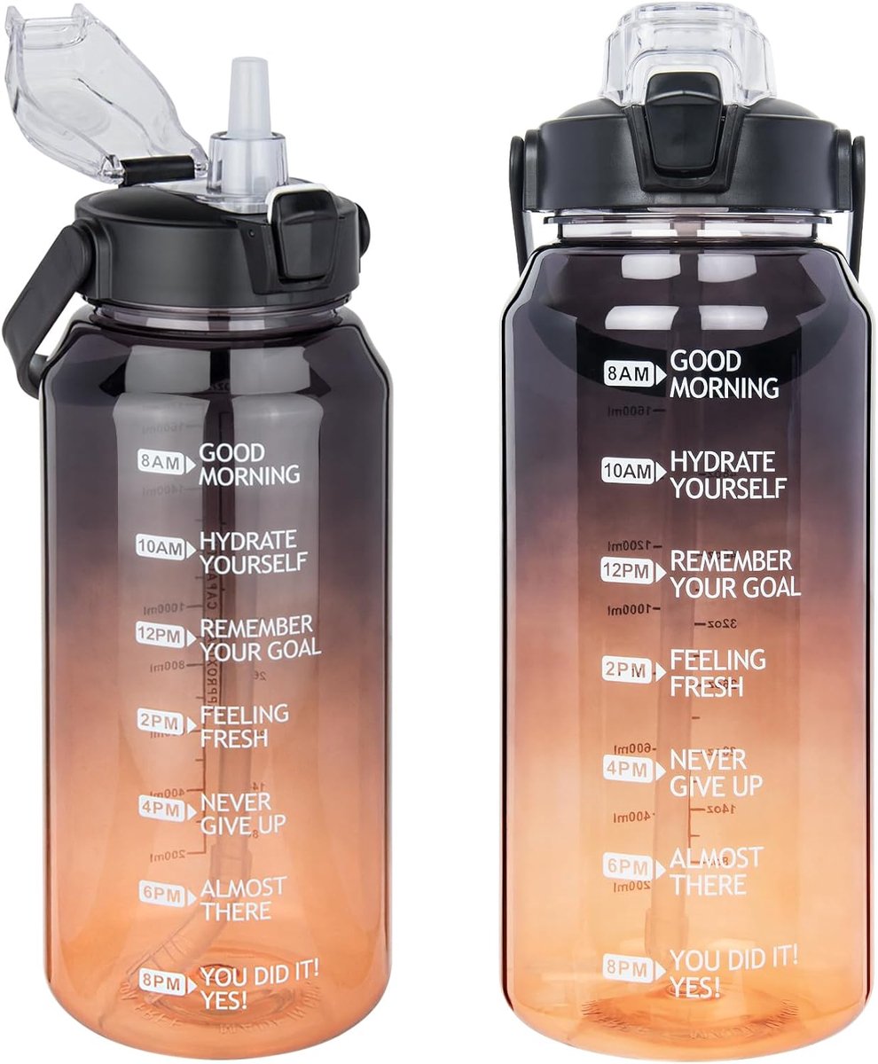 Tritan-sportwaterfles van 2 liter met rietje en tijdmarkeringen, 2 l, grote lekvrije motiverende drinkfles voor sportschool, reizen, wandelen