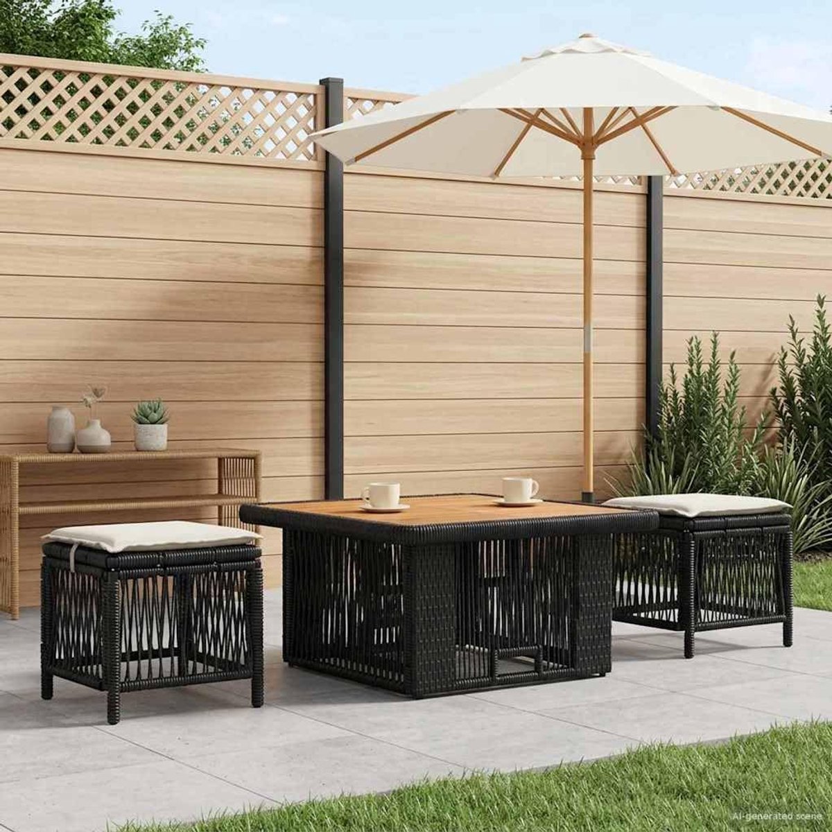 Rotan en acaciahout weerbestendig verstelbare tuinset crème 80x80 cm