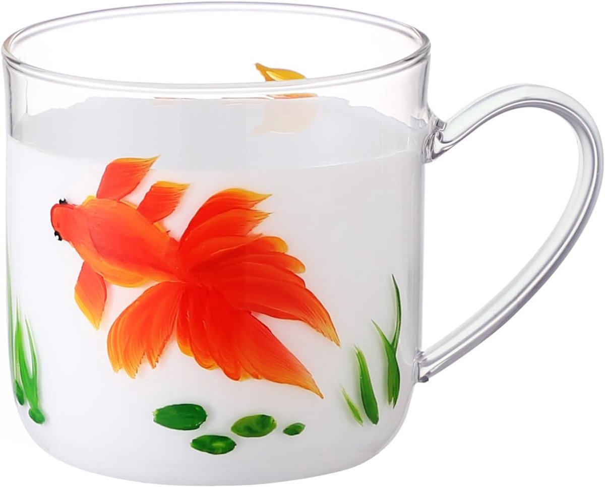 350ml/12oz met de hand beschilderde glazen bekers met handgreep, heldere glazen koffiemok, theekop voor warme dranken, latteglazen, 1 pak. (Gouden vis)