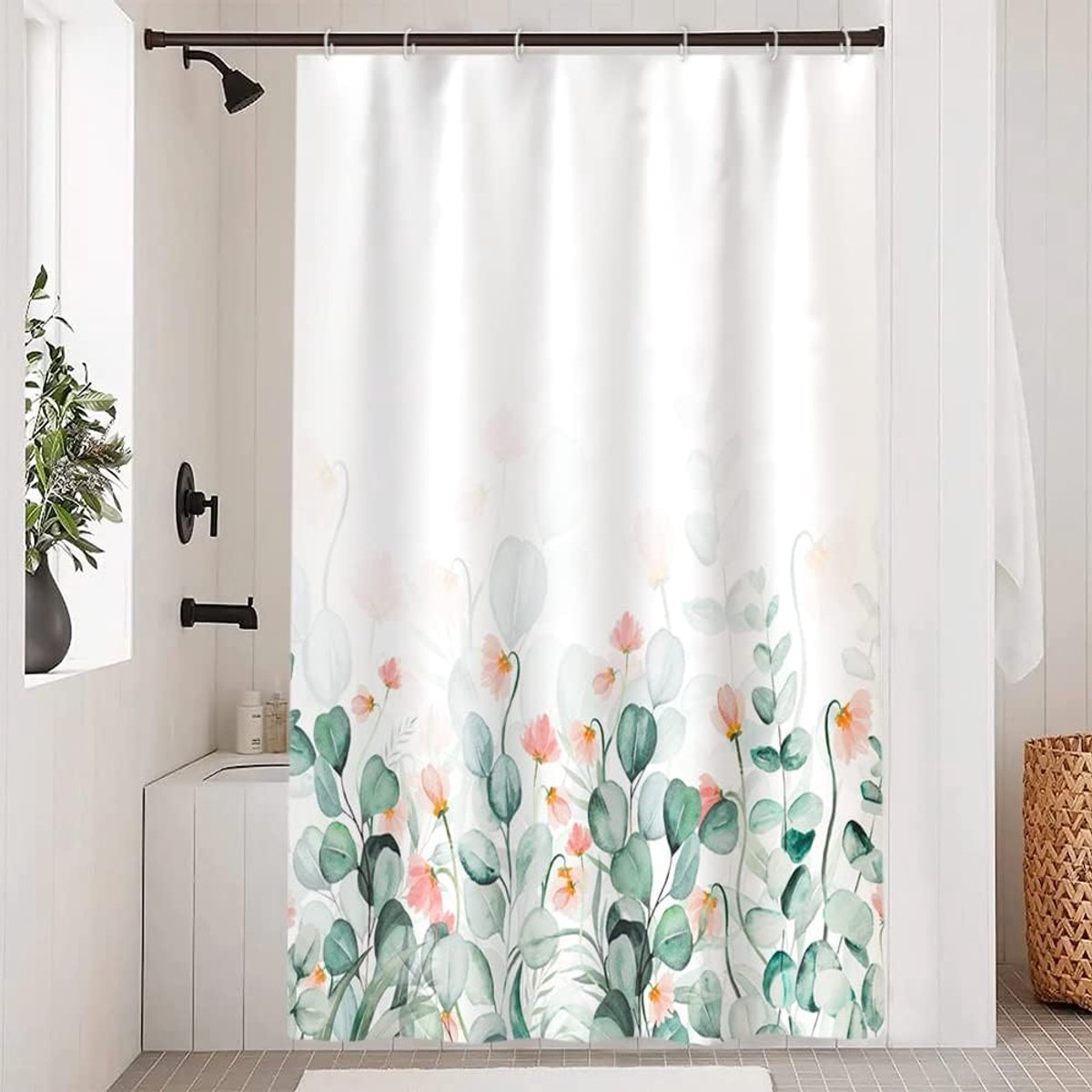 Douchegordijn, eucalyptus, groen, smal, aquarelbladeren, roze bloemen, anti-schimmel, waterdicht, polyesterstof, wasbaar, badgordijn met 6 haken voor badkamer, 90 x 180 cm (b x h)