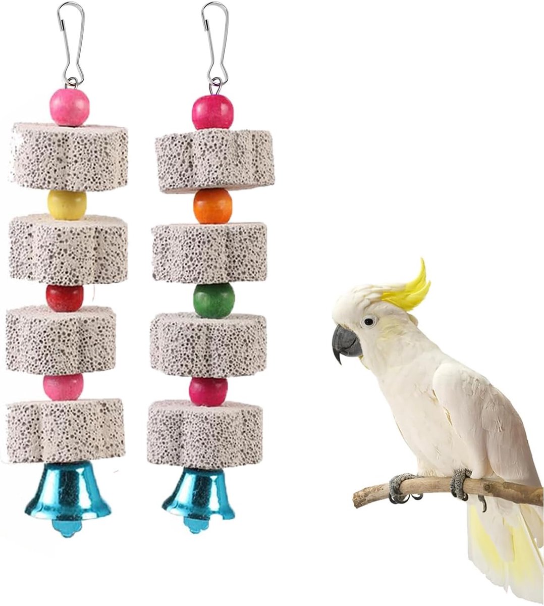 Speelgoed voor papegaaien, 2 stuks, calciumsteen voor vogels, papegaaien, speelgoed voor papegaaien, met klokjes voor cacadus, parkieten, hamsters, konijn