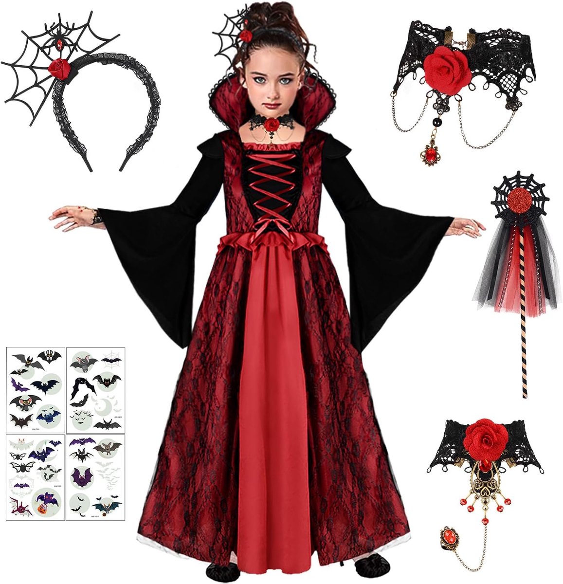 Vampierkostuum voor meisjes, vampierjurk, kostuum voor kinderen, Halloween, kostuum, verkleedkostuum, meisjes, cosplay, gothic, kostuums met halsketting en vampiertanden voor carnaval, dracula-feest
