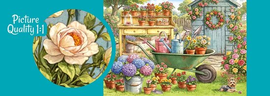 Een 300-delige puzzel met een bloementuin vol potten, gieters, een kruiwagen en een schuur. Inzet toont een grote lichtroze roos.