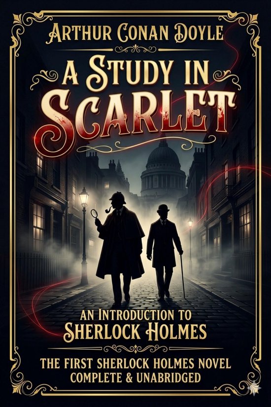 Boek 'A Study in Scarlet' van Arthur Conan Doyle. Twee mannen in silhouet lopen door een mistige straat, met Sherlock Holmes die een vergrootglas vasthoudt.