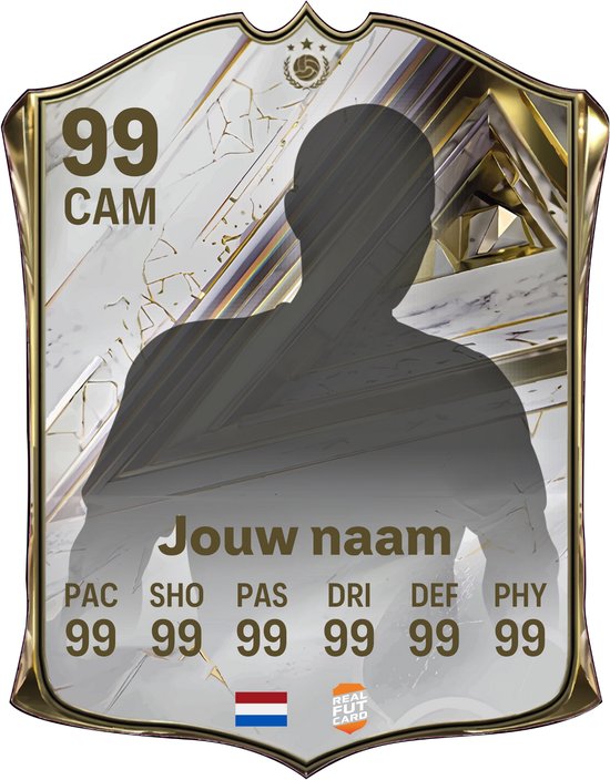 Gepersonaliseerde voetbal FUT kaart, 99 CAM, Nederlandse vlag, met blanco silhouet.