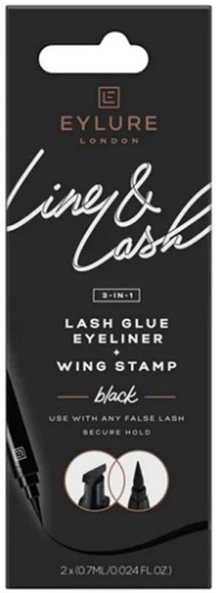 Zwarte Eylure London Line & Lash verpakking met Line & Lash 3-in-1 Lash Glue Eyeliner Wing Stamp en tekst "black".