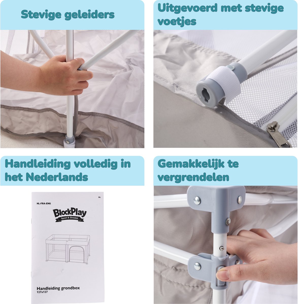 BlockPlay® Grondbox inklapbaar Baby 127x127 cm - Speelbox - Playpen - Kinderbox – Kruipbox – Ballenbak - Inclusief speelmat 50 speelballen draagtas en 2 optrek hendels – Grijs – foto 6