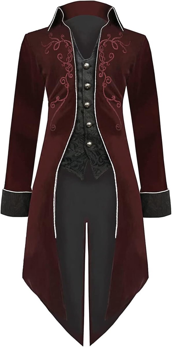 middeleeuwse steampunk jas, gotische rokjas, Renaissance retro Victoriaanse geborduurde jas, Halloween piraat vampier cosplay-kostuums voor heren (Rood, S)