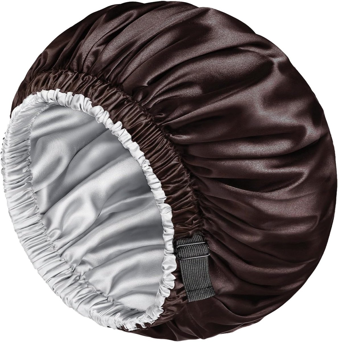 mikimini satijnen motorkap, pakket van 2 voor mannen en vrouwen, omkeerbare dubbellaagse slaapzijden motorkap voor krullend haar, vlechten met verstelbare verbrede elastische band (chocolade/zilver)