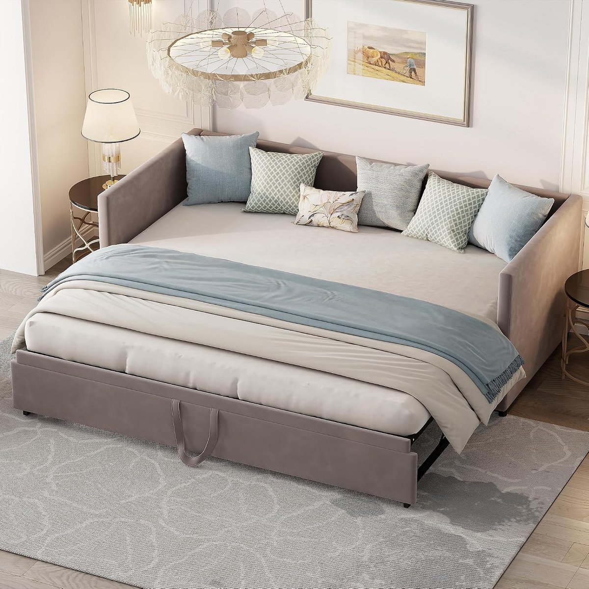 Uittrekbaar, 90/180 x 200 cm, gestoffeerd bed, 2-zits, uitklapbaar, met slaapfunctie, jeugdbed, klapbank, dagbed met lattenbodem, fluweel, zonder matras (grijs A)