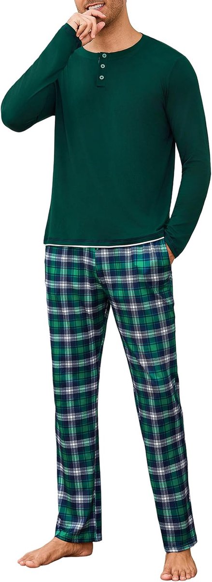 Pyjama voor heren, winter, nachtkleding, pyjamaset, ronde hals, lange mouwen en geruite broek, S-4XL