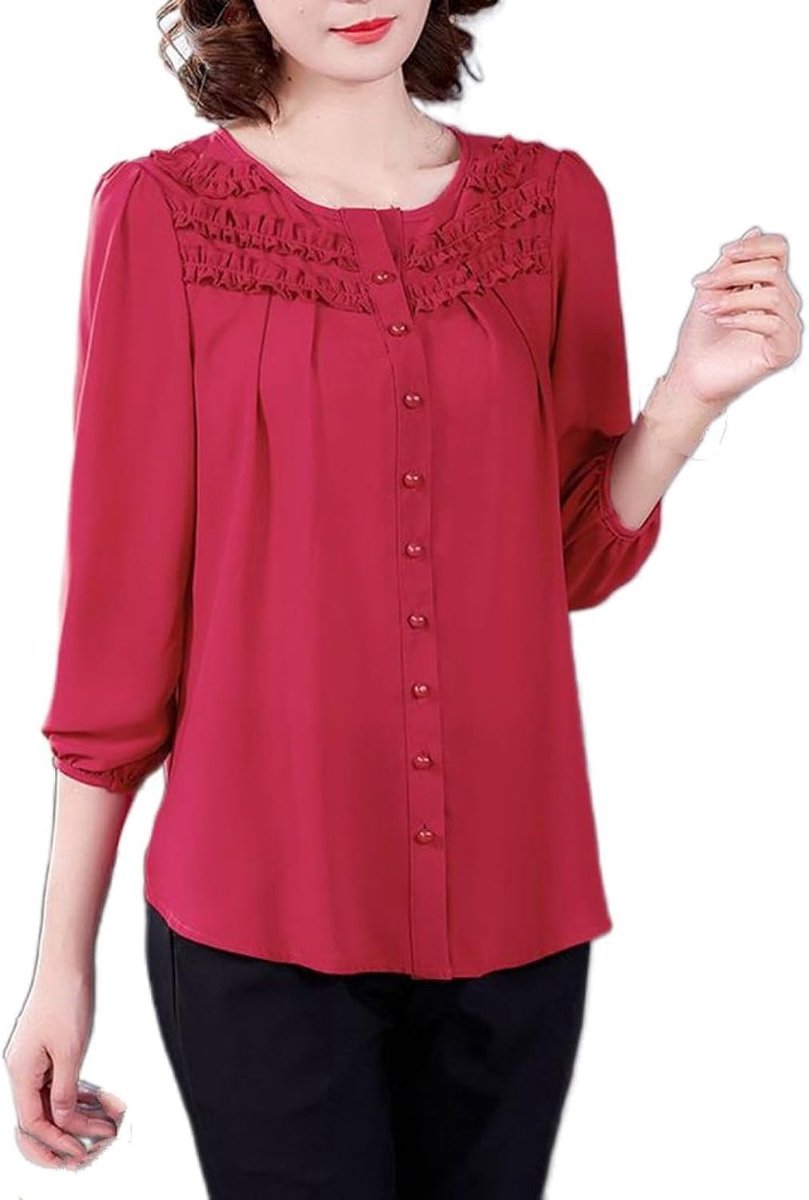 Casual Shirts - Dames Chiffon Shirt In Grote Maten Dun Lente Zomer Ronde Hals Enkele Rij Knopen Top Zwart Modieus Korte Mouw Ruches Vest Losvallend Elegant Casual Street Chic,Red,S
