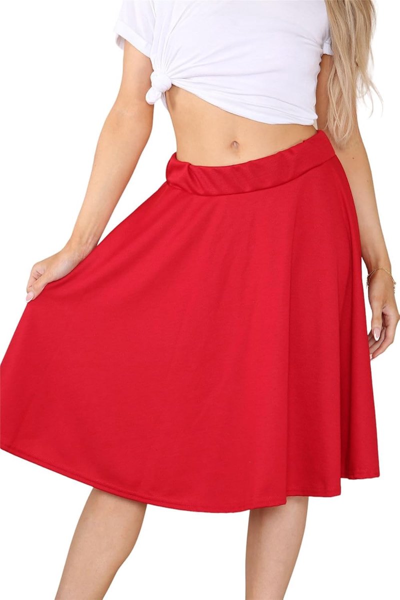 Midi-rok knielengte effen elastische taille jersey skaterrok uitlopende rok
