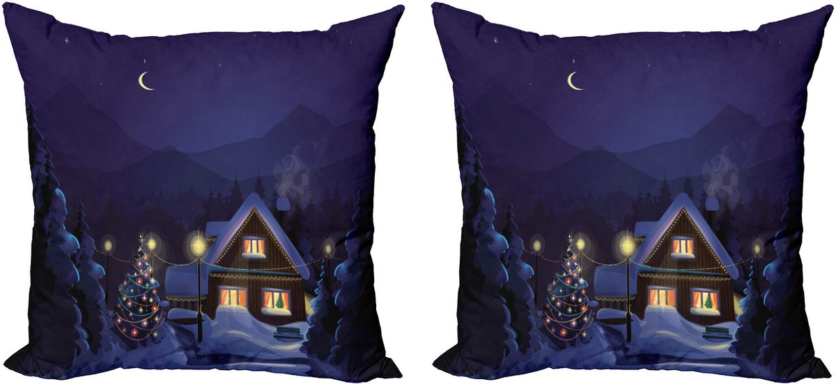 ABAKUHAUS Kerstmis Sierkussenhoes Set van 2, Winter Huis en Boom, Modern Accent Dubbelzijdige Digitale Print, 50x50, Lila Blauw