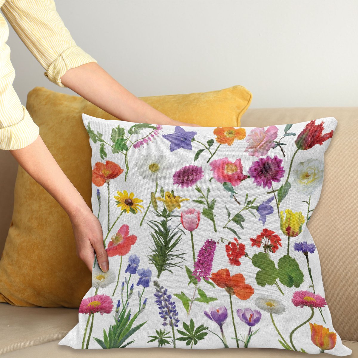ABAKUHAUS Bloem Kussenhoes, Farbige Rozen Tulpen, voor de Binnen of Buiten Gebruik Geschikt met Ritssluiting Wasbare Stof, 60 x 60 cm, Meerkleurig