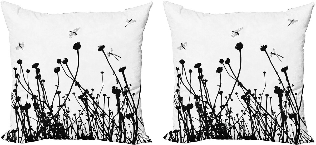 ABAKUHAUS Zwart en Wit Sierkussenhoes Set van 2, Wiesenblumen, Modern Accent Dubbelzijdige Digitale Print, 60x60, Zwart en Wit