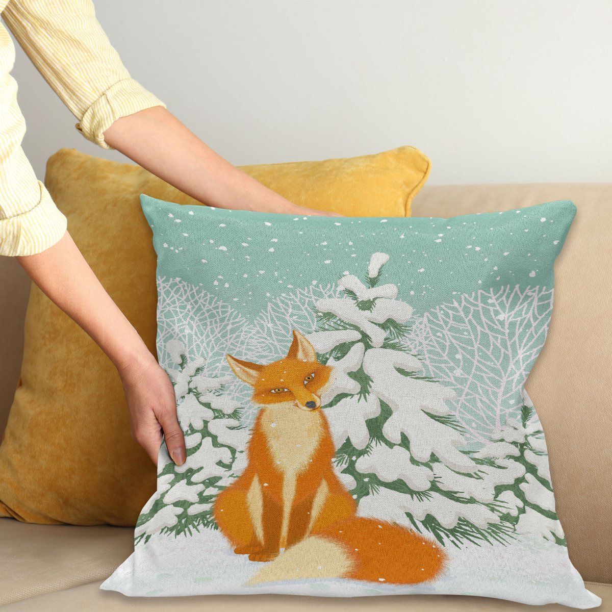 ABAKUHAUS Fuchs Kussenhoes, Rood Fox Winterwald Kerstmis, Met Ritssluiting, Wasbaar, Dubbelzijdige Digitale Print, Heldere Kleuren, Hoogwaardige Stof, 60 x 60 cm, Mandelgrün Oranje