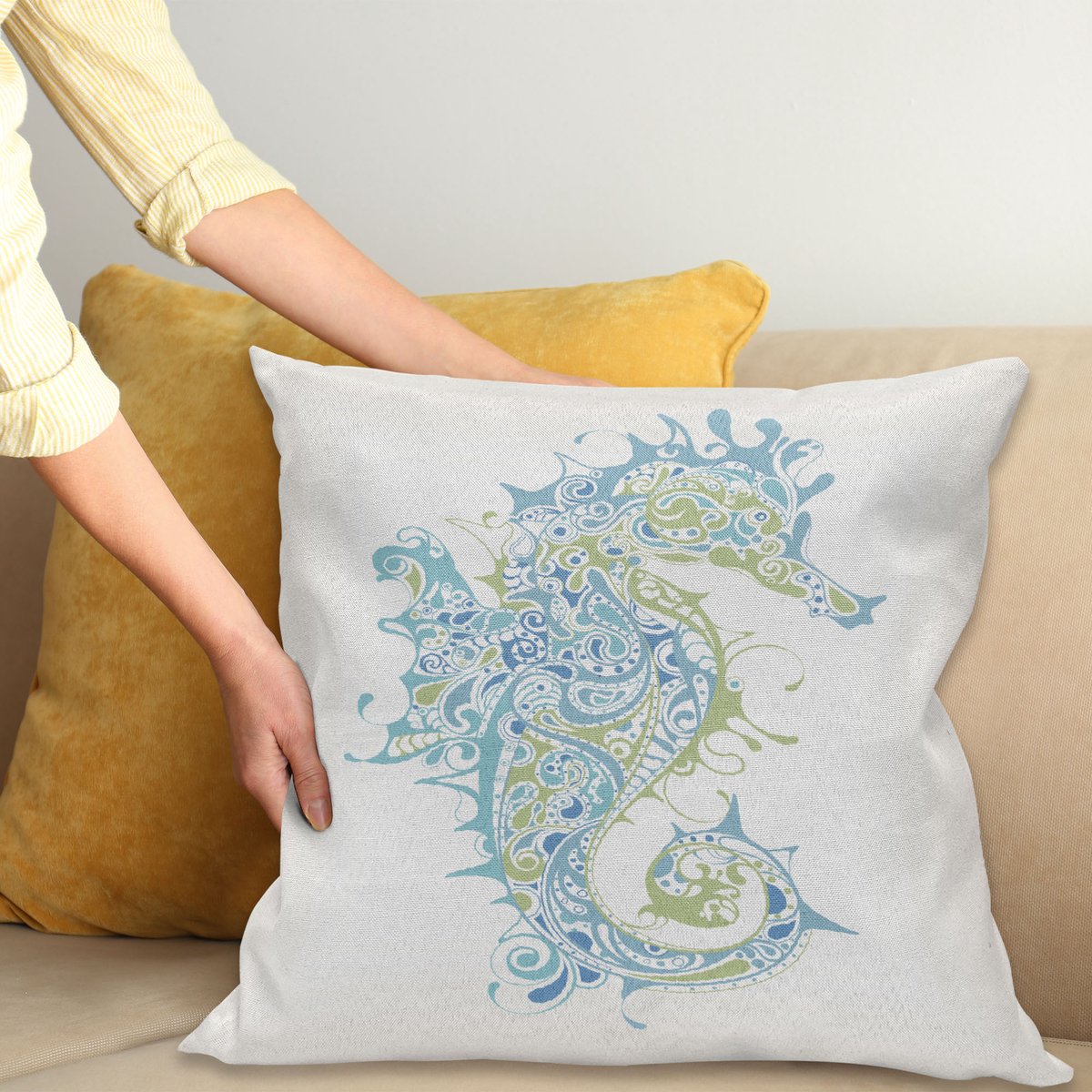 ABAKUHAUS Oceaan Kussenhoes, Griechisch Seahorse Mythologische, Water- en Vuilafstotende Stof met Digitale Print voor Binnen en Buiten, 50 x 50 cm, Lichtblauw Groen
