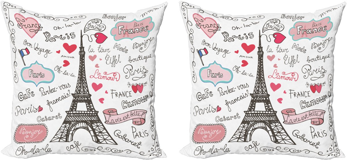 ABAKUHAUS Eiffeltoren Sierkussenhoes Set van 2, Paris Schreiben Hart, Modern Accent Dubbelzijdige Digitale Print, 50x50, Zwart Wit Roze