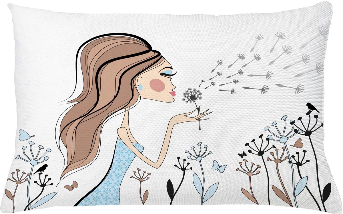 ABAKUHAUS Retro Kussenhoes, Paardenbloem-Bloem Lente, Van Kleurechte Wasbare Stof, Dubbelzijdige Print met Stevige Ritssluiting, 65 x 40 cm, Warm Taupe en Blauw