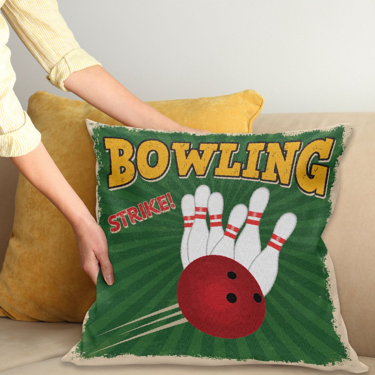 ABAKUHAUS Vintage Kussenhoes, Bowling Strike Groen, Met Ritssluiting, Wasbaar, Dubbelzijdige Digitale Print, Heldere Kleuren, Hoogwaardige Stof, 40 x 40 cm, Meerkleurig