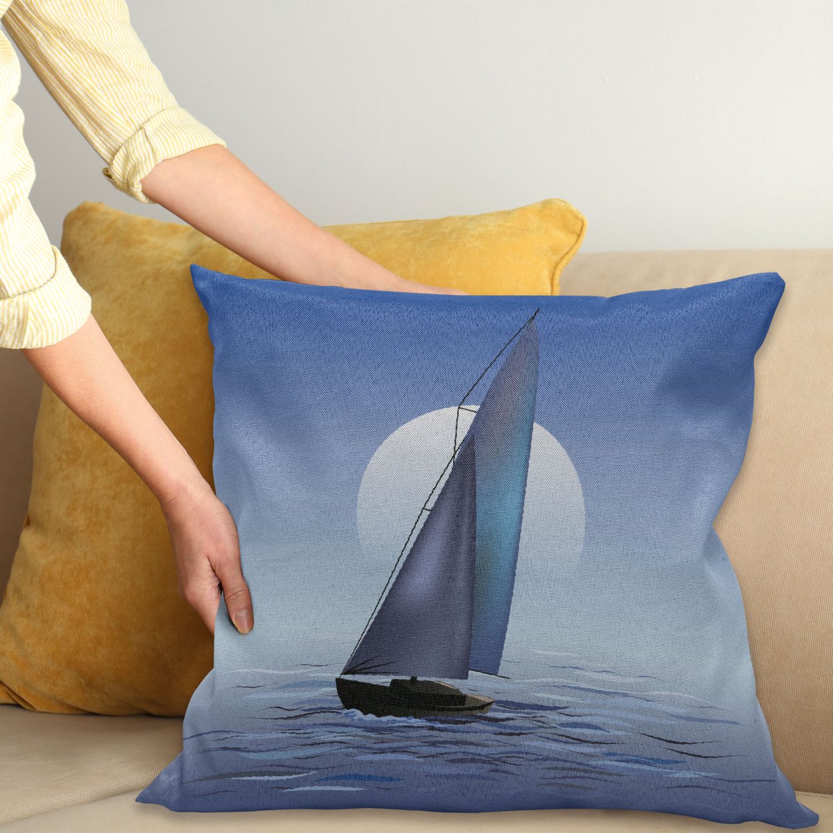 ABAKUHAUS Nautisch Kussenhoes, Segelboot Wellenförmige Serene, Decoratieve Kussenhoes met Dubbelzijdige Print, Ritssluiting, Wasbaar, 45 x 45 cm, Violettblau