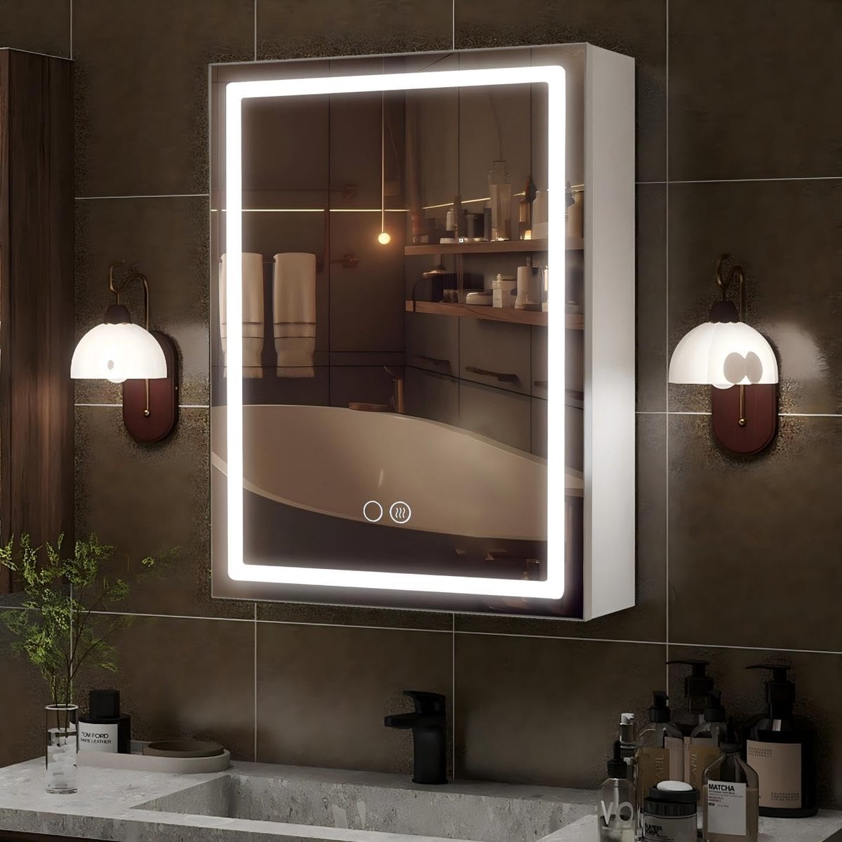 Badkamerspiegelkast met verlichting, aluminium, 50 x 70 cm, led-badkamerkast met spiegel, 2 stopcontacten, 3 planken, 3 kleurtemperaturen, dimbaar, condensvrij, IP54 waterdicht