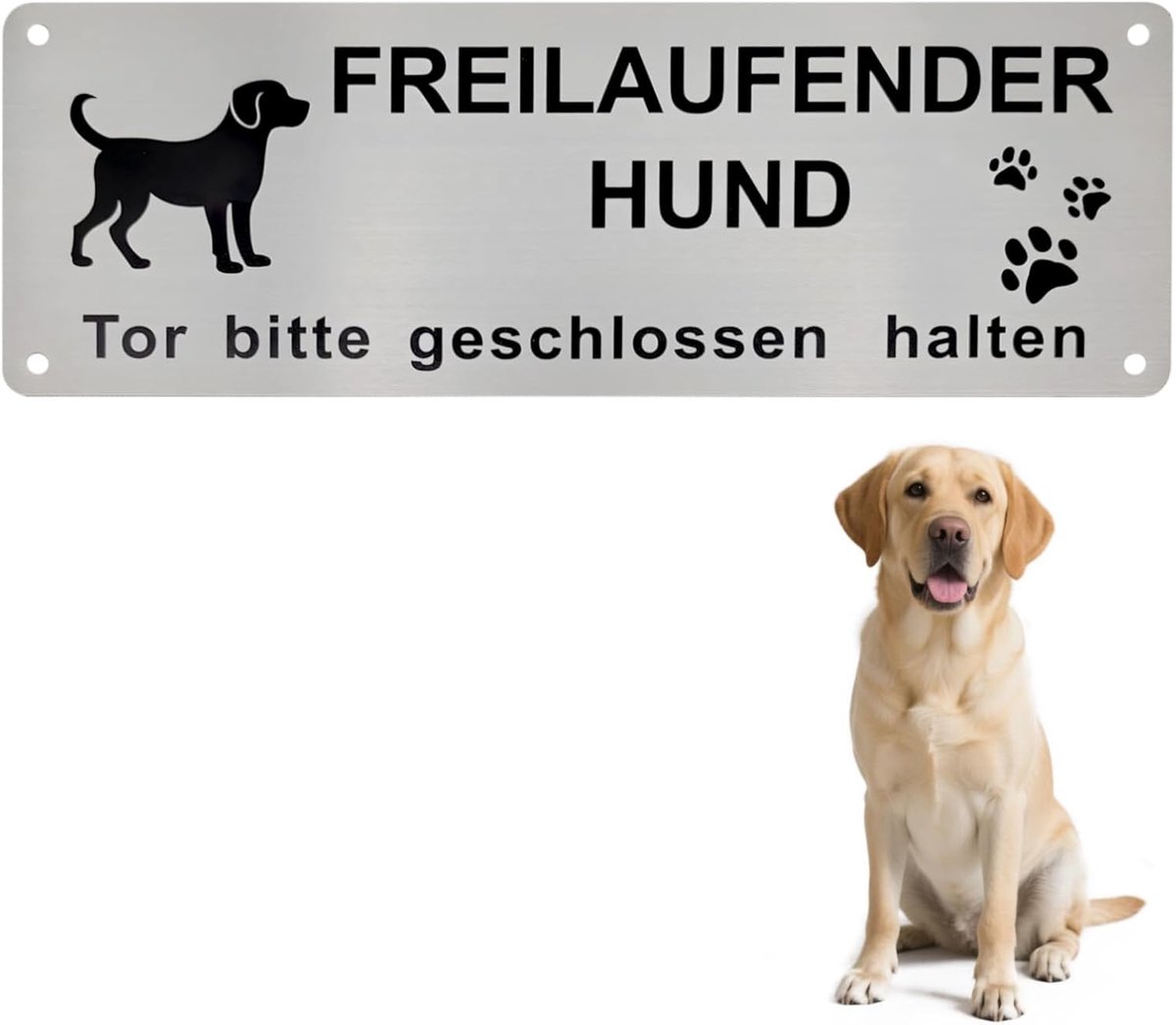 Op: bord voorzichtig vrijlopende hond, poort houd gesloten 25 x 9 cm, aluminium met zelfklevend en voorgeboorde gaten