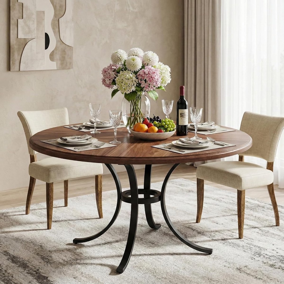 120cm Eettafel Rond 120cm, Industrial Dining Table, Houten Eetkamertafel, Eettafel Voor 6 Personen, Rustic Round Table, 120 x 120 x 75 cm, Brown & Black