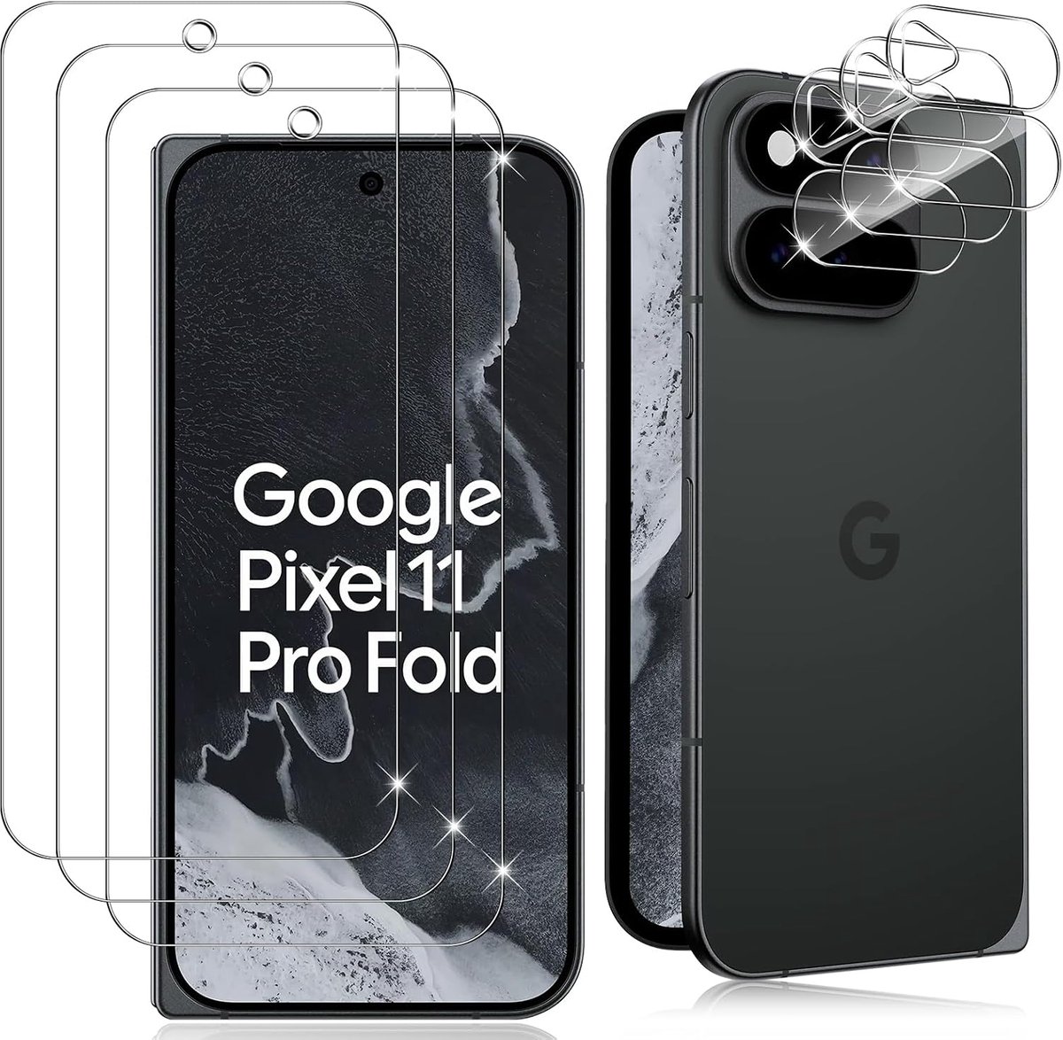 3 stuks pantserglas voor Google Pixel 11 Pro Fold 5G en 3 stuks camerabescherming, 9H hardheid gehard glas, anti-kras pantserfolie, luchtbelvrije beschermfolie, HD displaybeschermfolie