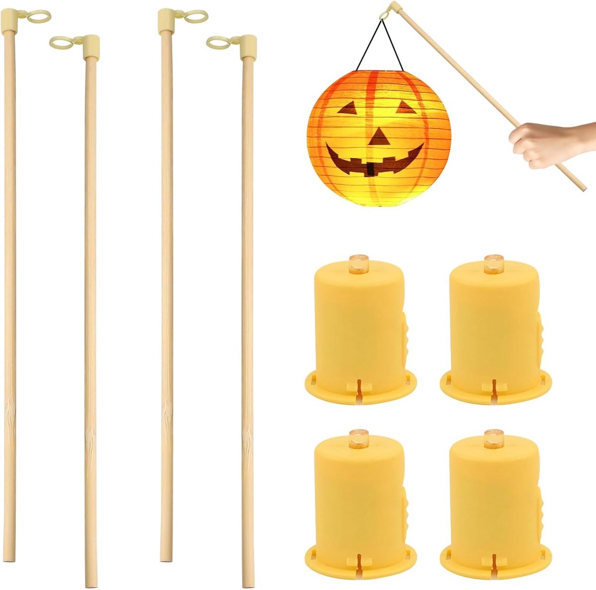 Hout, 4 stuks, voor kinderen, led, 26,5 cm, lantaarnstaaf met 4 lantaarns, warm geel, lantaarnlicht, lantaarnstaaf, voor Halloween, St Martin, kinderfeestjes