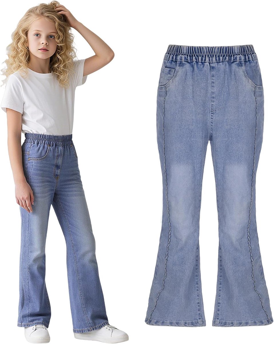 Jeans Kinderbroek met Wijde Pijpen en Elastische Tailleband Jeansbroek Comfortabele Hoge Taille Bootcut Wijde Pijpen Lange Broek Modieuze Broek Tienerkleding voor 6-15 Jaar