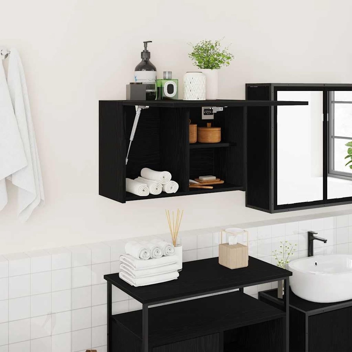Zwart 60 x 25 x 40 cm van houtmateriaal, badkamerkast met gasdrukveer-deur voor stil openen, praktische opbergruimte voor badkamer, keuken, woonkamer