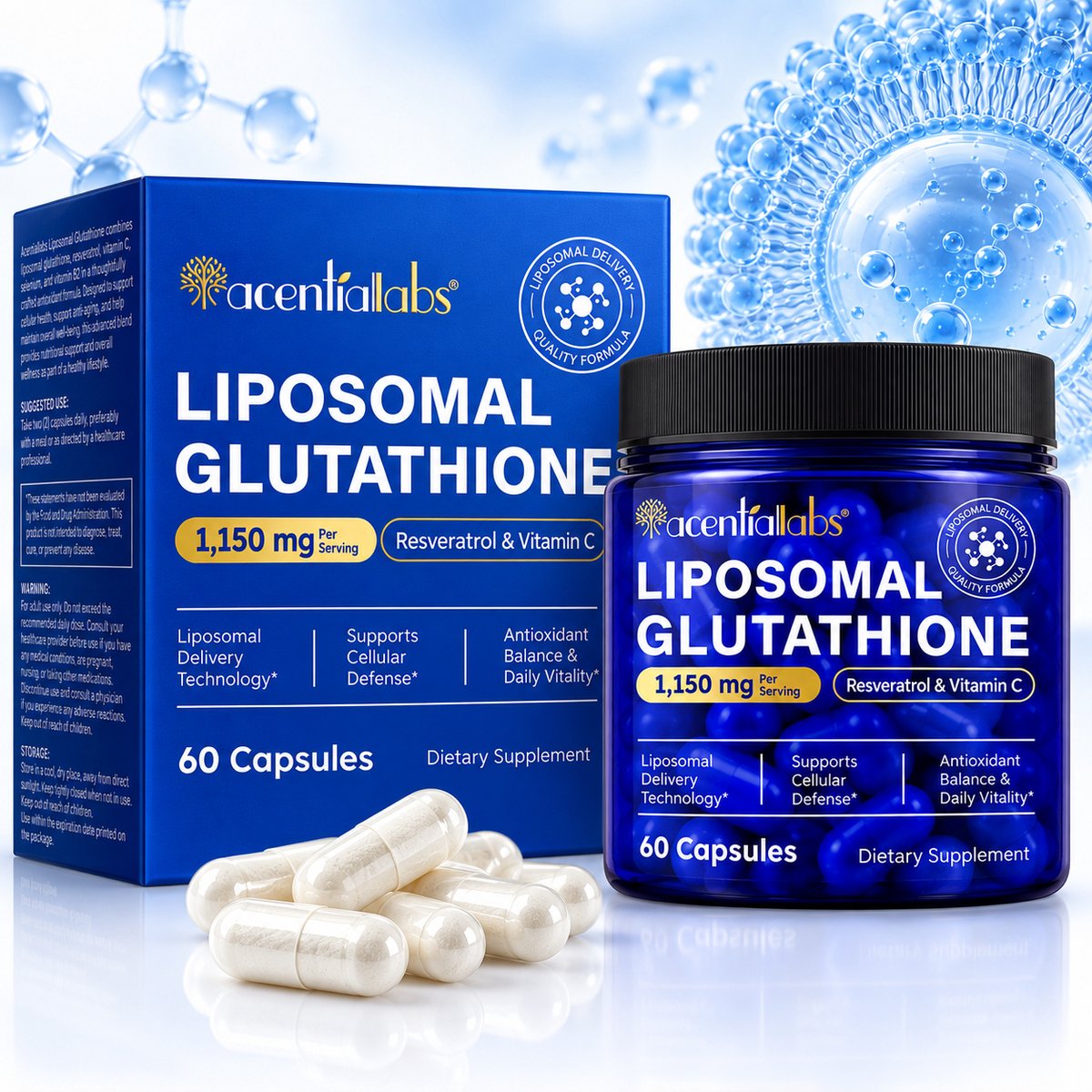 Acentiallabs Liposomal Glutathione 1150 mg per portie - met Resveratrol & Vitamine C - 60 Capsules - Voedingssupplement