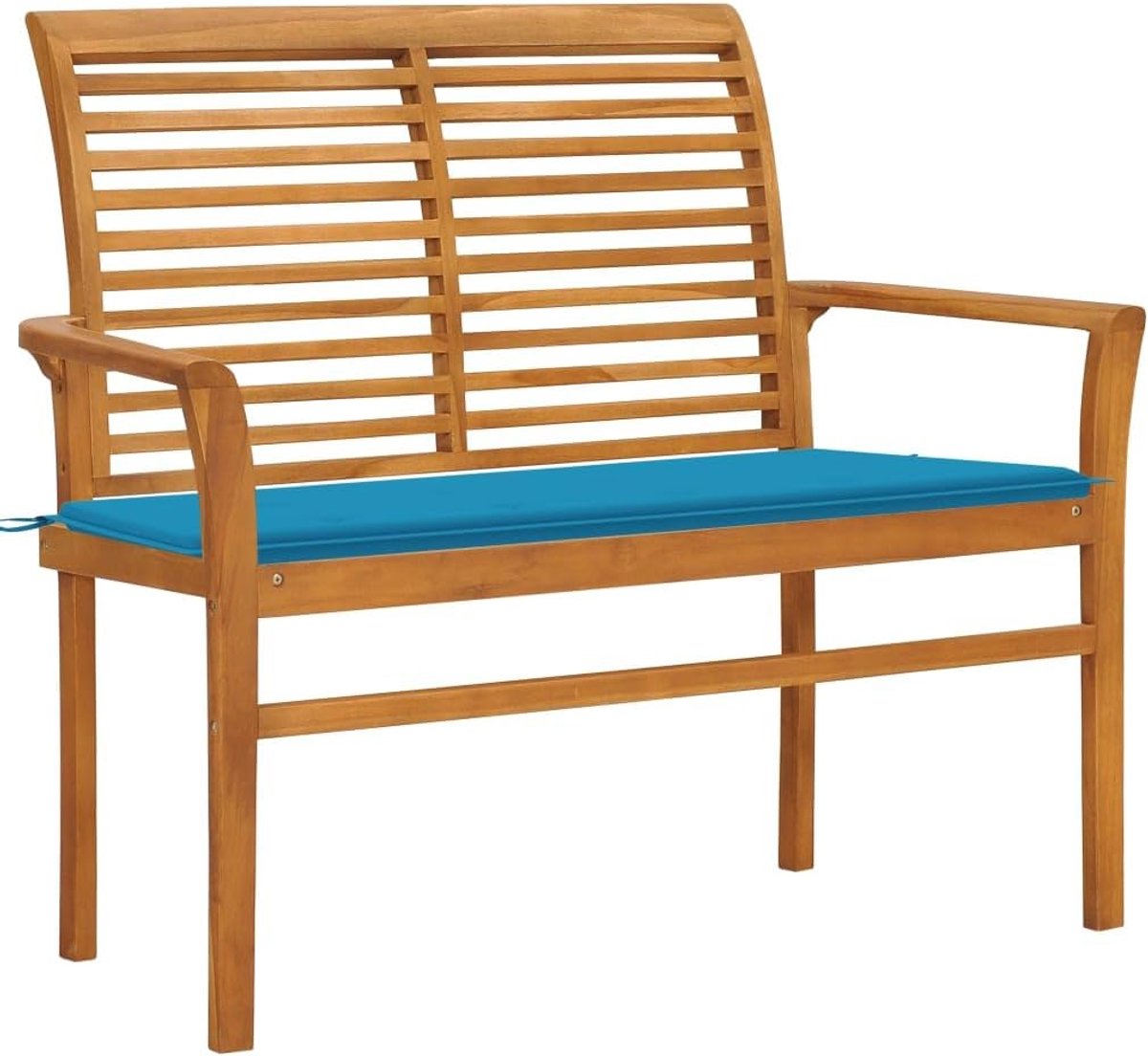 Tuinbank met blauw kussen, bank voor de tuin, tuinbank, outdoor, tuinbank, hout, buitenbank, buitenbank, geschikt voor achtertuin, terras, tuin, 112 cm, massief hout teak